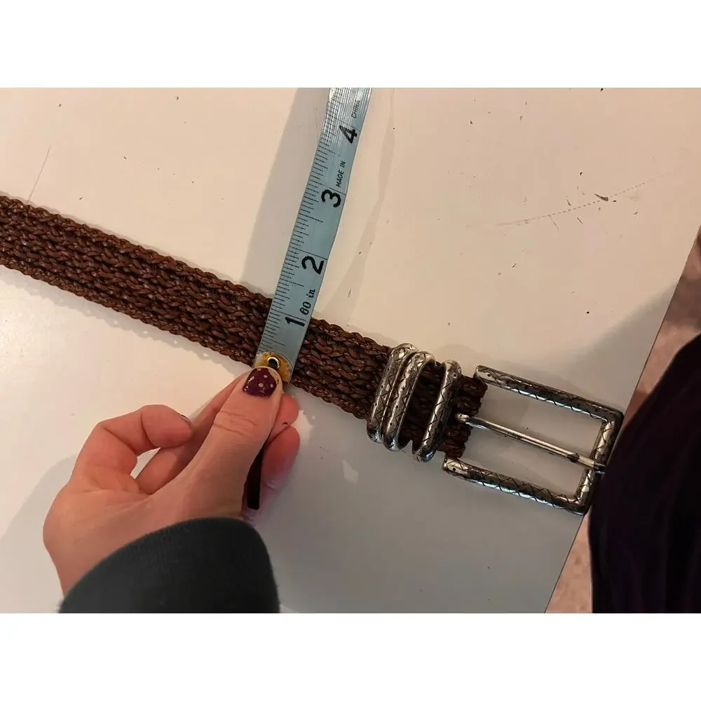 Vintage Woven Brown Barbara & Co Genuine Leather Silver Tipped Belt Size Medium